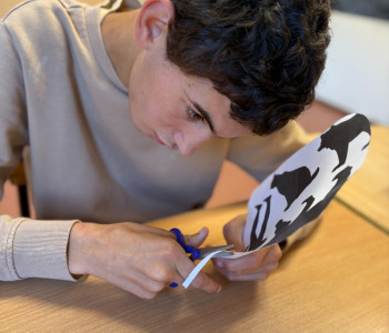 Uczeń jest w klasie, wycina z papieru cienie zwierząt